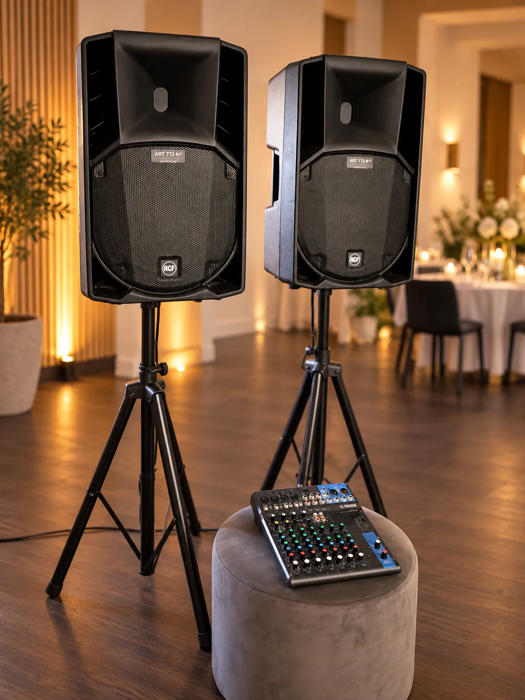 Två RCF-högtalare på stativ och Yamaha-mixer i en eventmiljö
