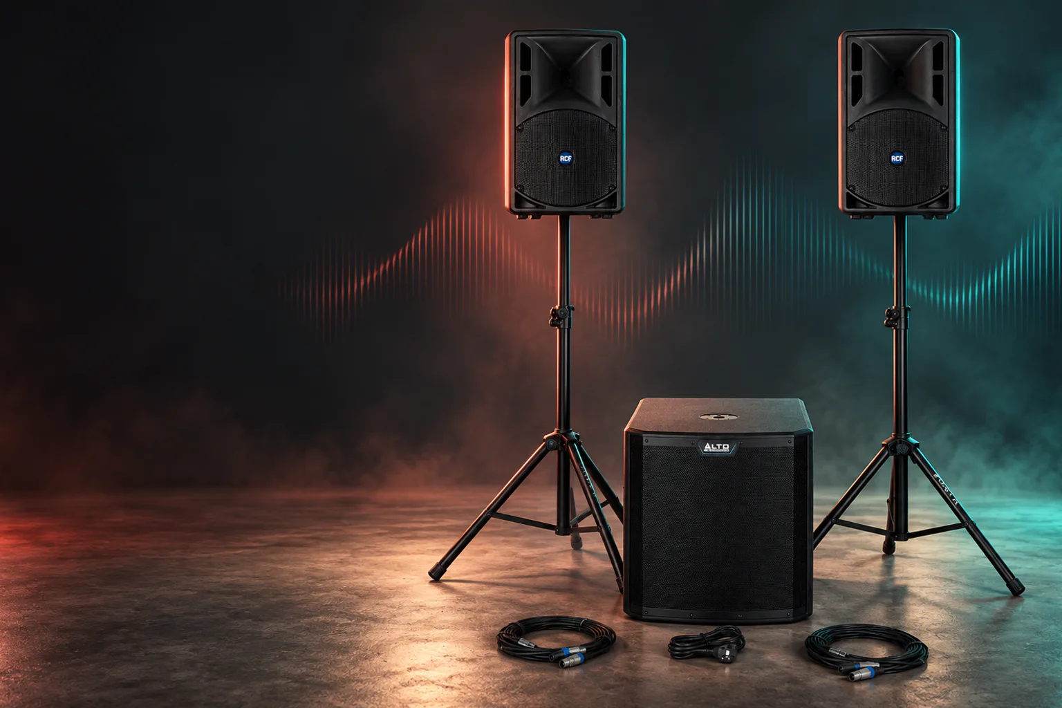 Komplett ljudpaket med RCF-högtalare, Alto-subwoofer, stativ och kablar