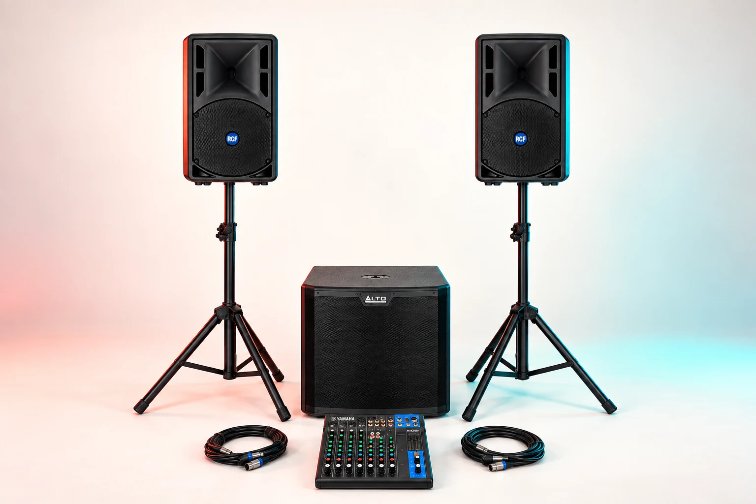 Litet ljudpaket med två RCF ART 310-A, Alto-subwoofer, Yamaha-mixer, stativ och kablar
