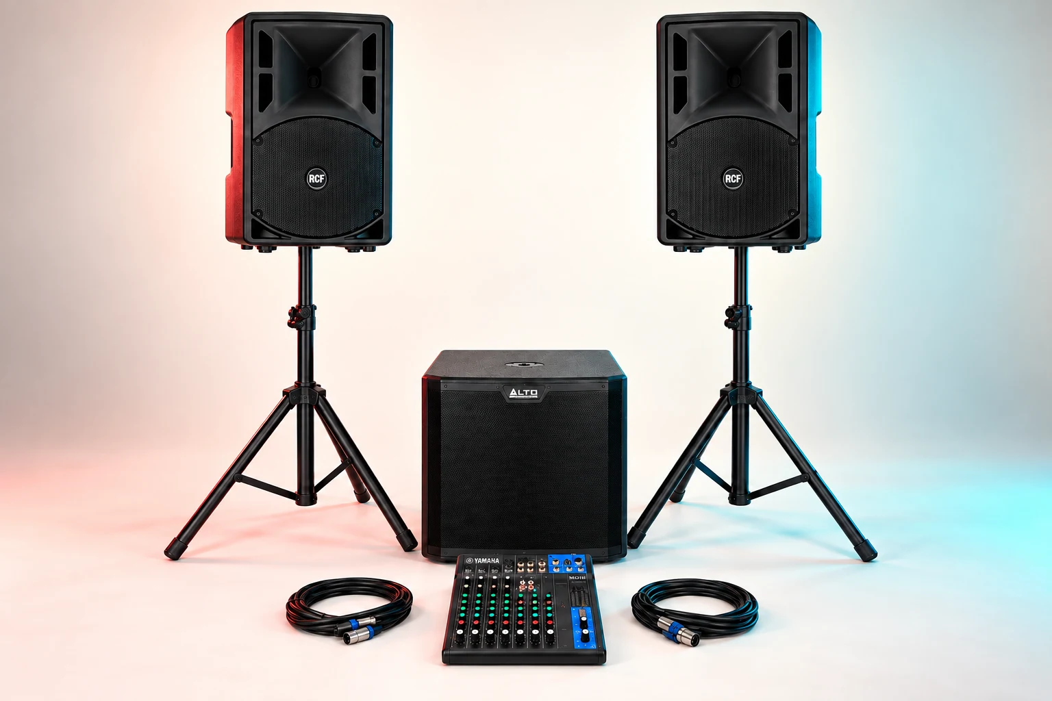 Mellanpaket med två RCF ART 712-A, Alto-subwoofer, Yamaha-mixer, stativ och kablar