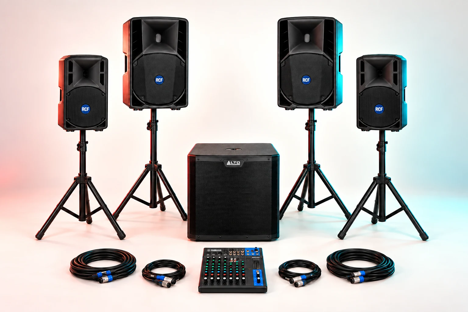 Stort ljudpaket med två RCF ART 712-A och två RCF ART 310-A på fyra stativ, Alto-subwoofer, Yamaha-mixer och kablar